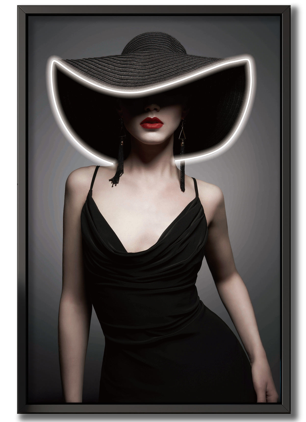 Wall Artwork Classy Lady with Black Hat with LED - DG003 (80 x 120 cm)