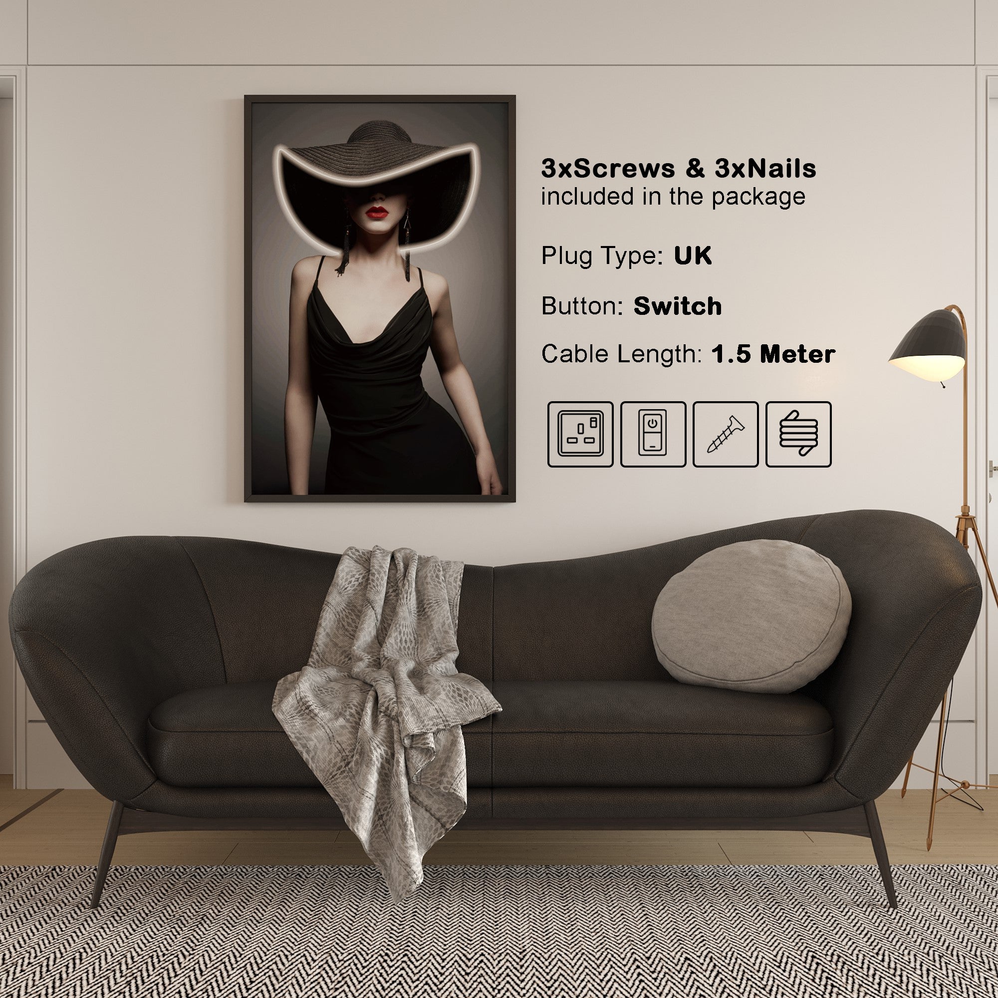 Wall Artwork Classy Lady with Black Hat with LED - DG003 (80 x 120 cm)