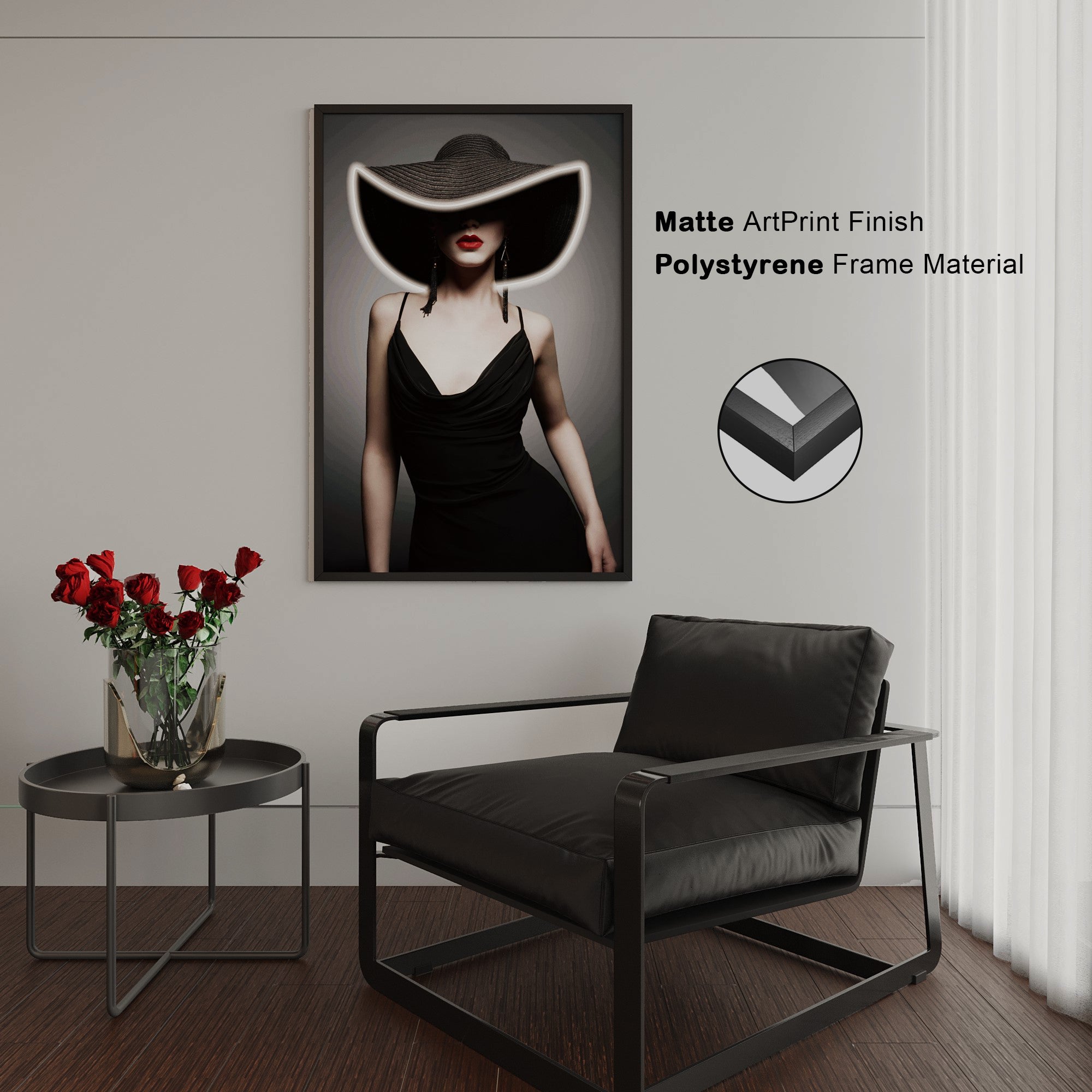 Wall Artwork Classy Lady with Black Hat with LED - DG003 (80 x 120 cm)