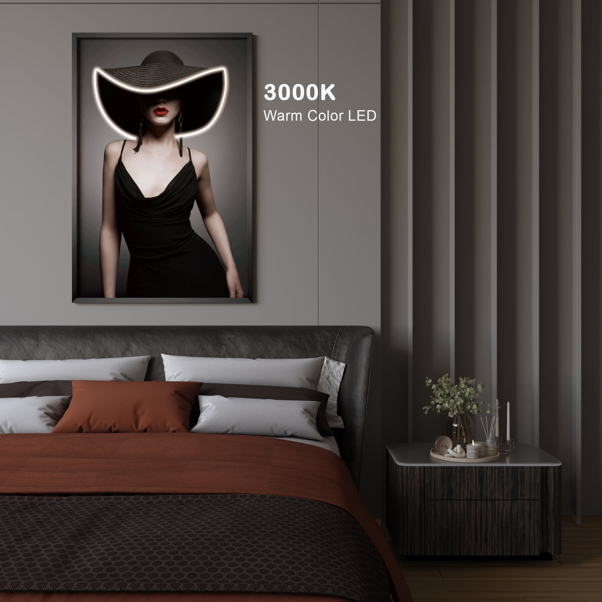 Wall Artwork Classy Lady with Black Hat with LED - DG003 (80 x 120 cm)