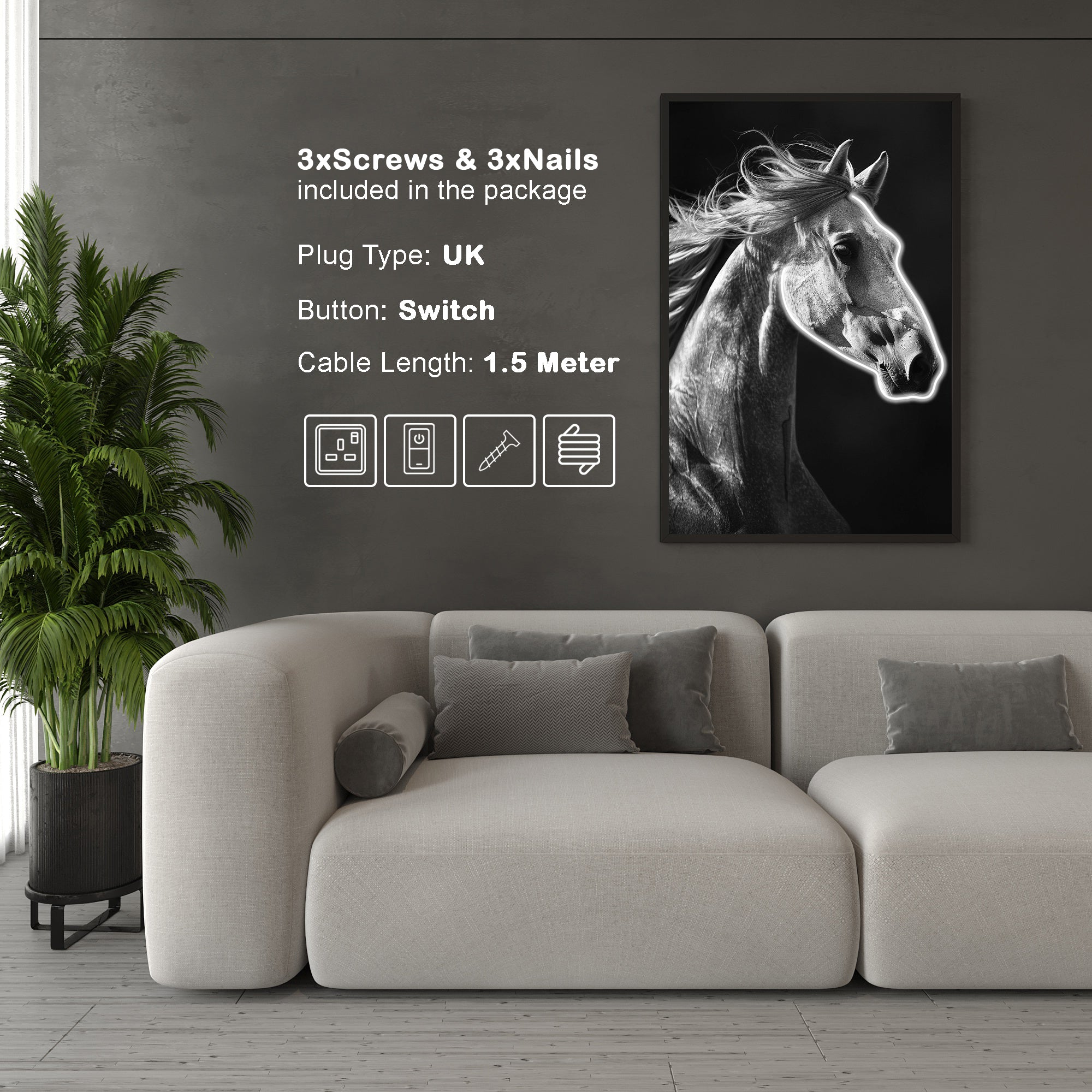 Wall Artwork White Diamond Horse with LED - DG469